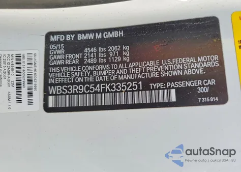 2015 BMW M4 z USA, uszkodzony, nr VIN WBS3R9C54FK335251